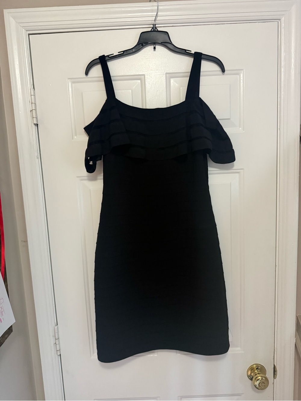 Adrianna Papell Black Off-Shoulder Ruffle Mini Dress